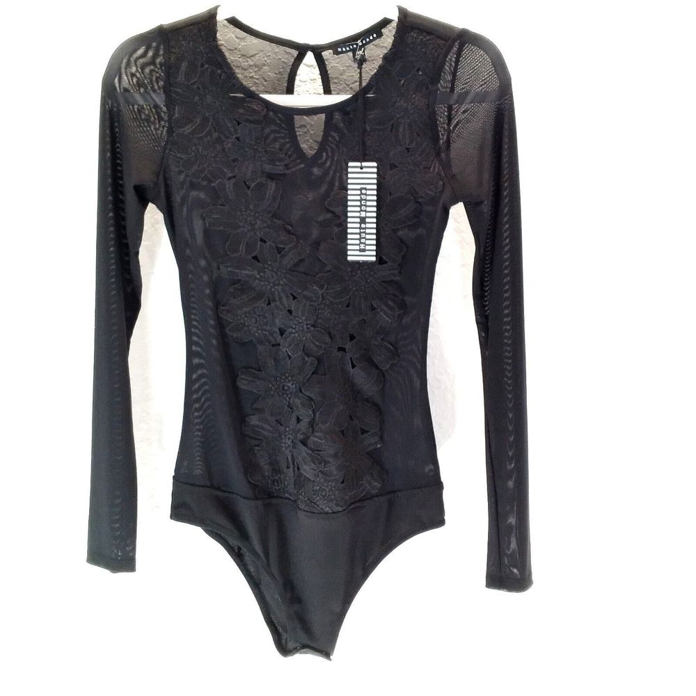 Haute Monde Cheer Lace Embroidered Bodysuit Black Medium NWT